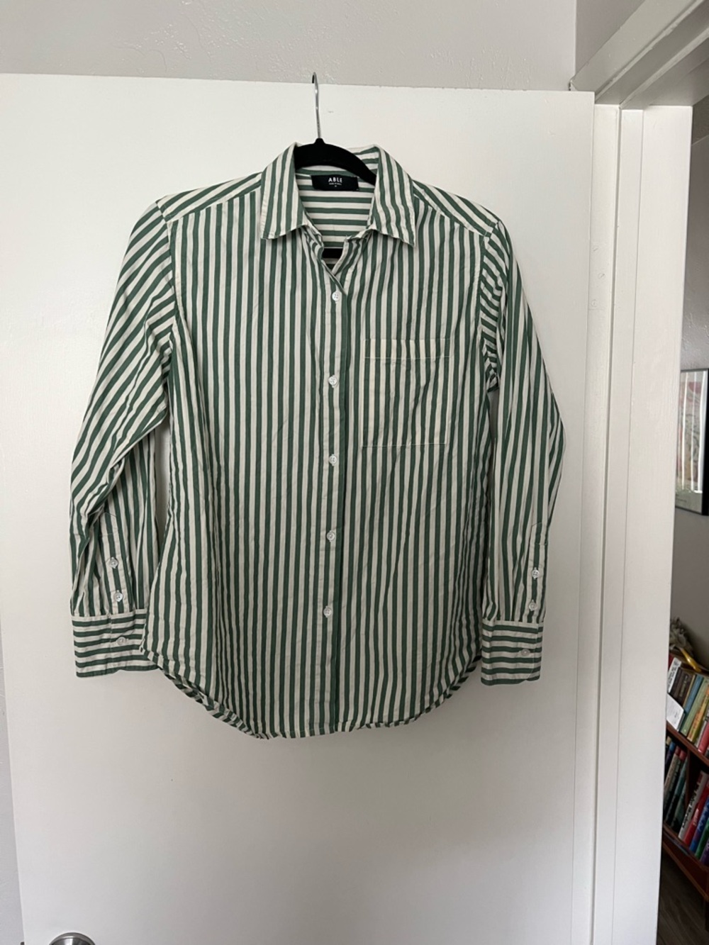 Able Women’s Green and White Striped Button-Up Shirt